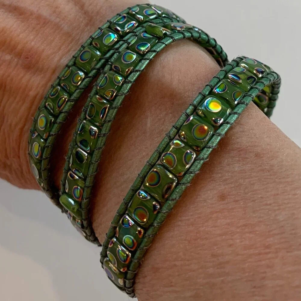 Bespoke Glass Leather Bead Cuff Bracelet - Gold & Green Aura Finish - Handmade - Picture 2 of 7